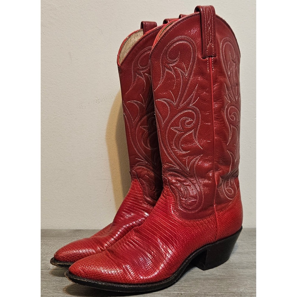Vintage Dan Post Red Lizard Leather Cowboy Boots Women's Sz 7.5 M Made in U.S.A.